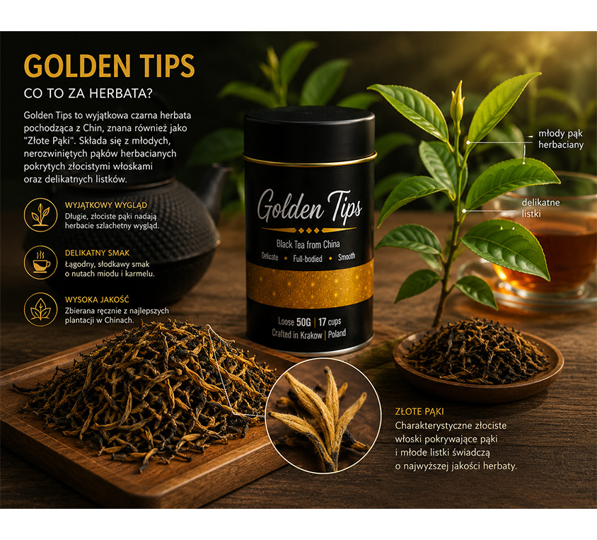 Golden Tips Leo Tea – elegancka puszka, doypack i kubek prezentowy